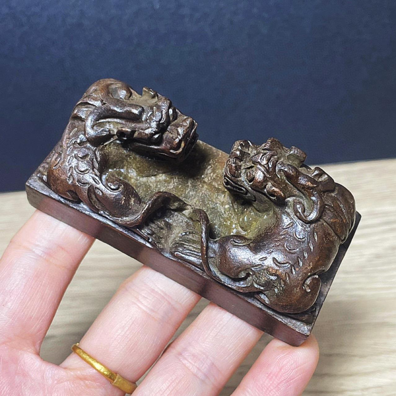 仿古实心双貔貅印章摆件复古书法装饰摆件镇纸压纸工艺品印章