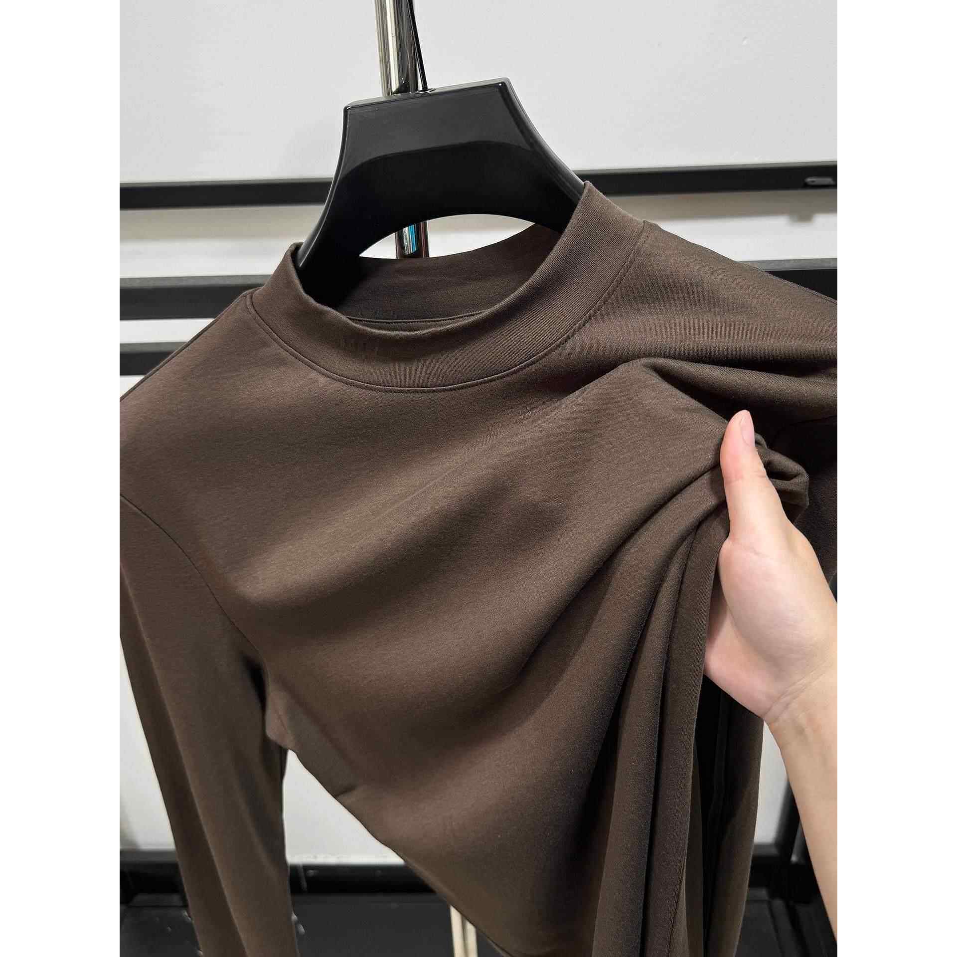 高档丝光棉长袖T恤男2025秋冬纯色半高领打底衫百搭休闲上衣