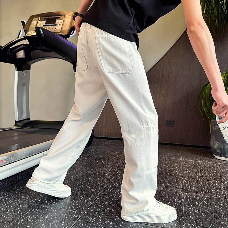 白色牛仔裤男士春秋季2025新款美式潮牌痞帅阔腿工装裤直筒弯刀裤