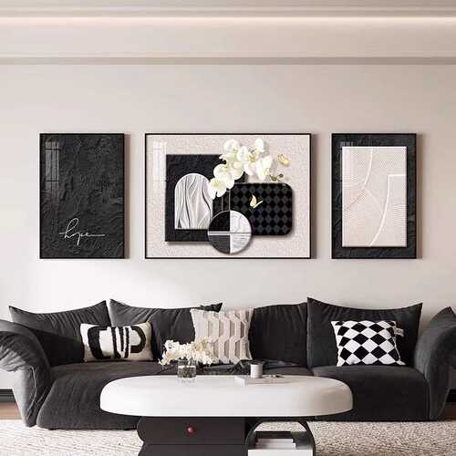 黑白灰客厅装饰画现代简约沙发背景墙挂画高级感三联壁画2024新款