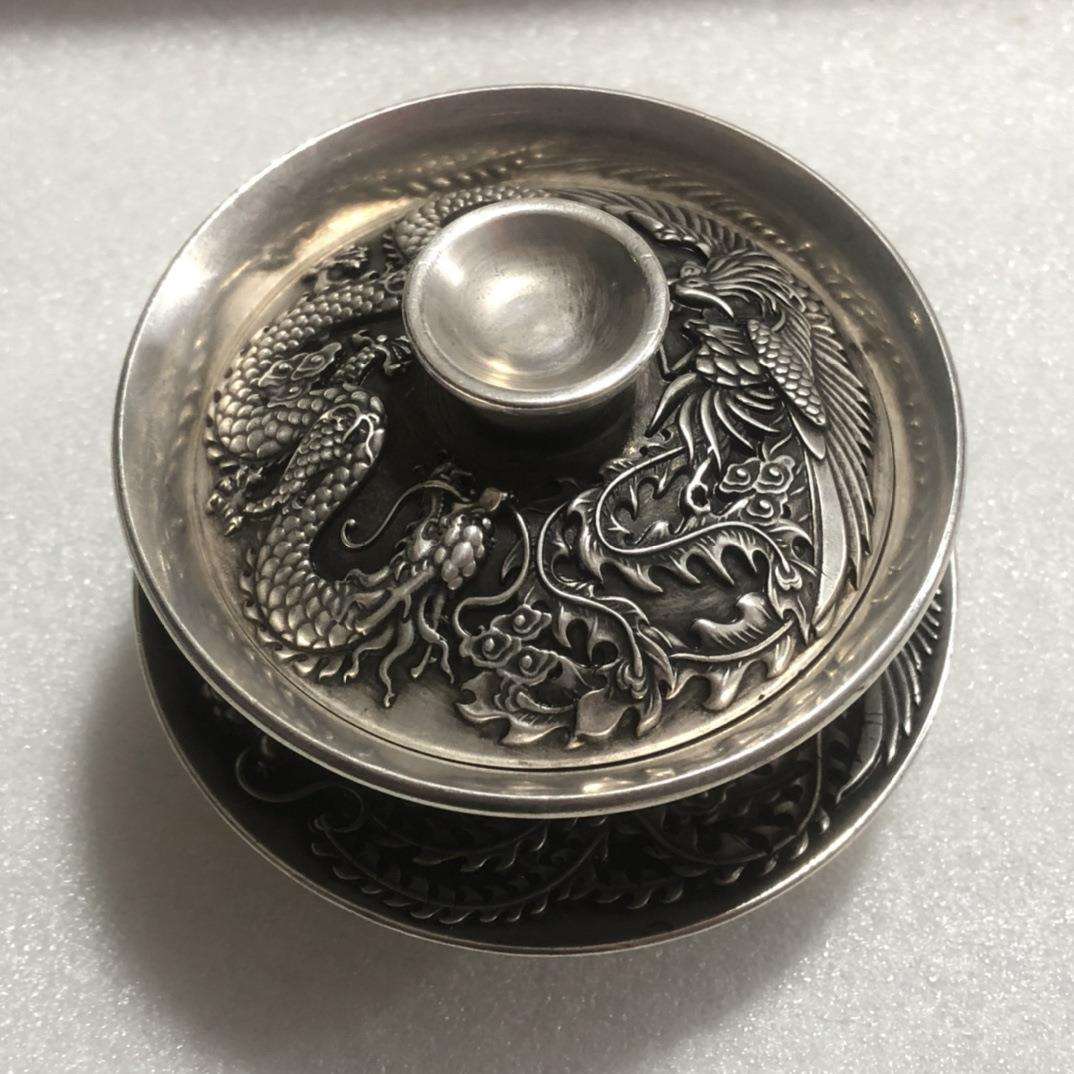 仿古铜碗三件套龙凤茶白铜镀银茶杯九龙茶盏浮雕古玩收藏复古摆件