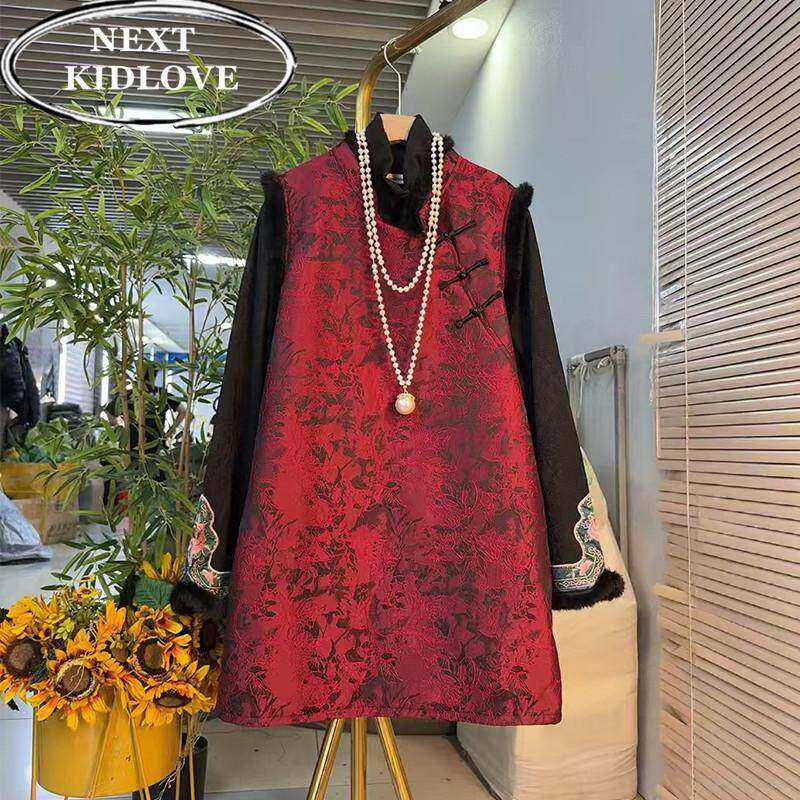 香港冬装国风盘扣红色中长款马甲裙打底衫两件套女大码过年拜年服