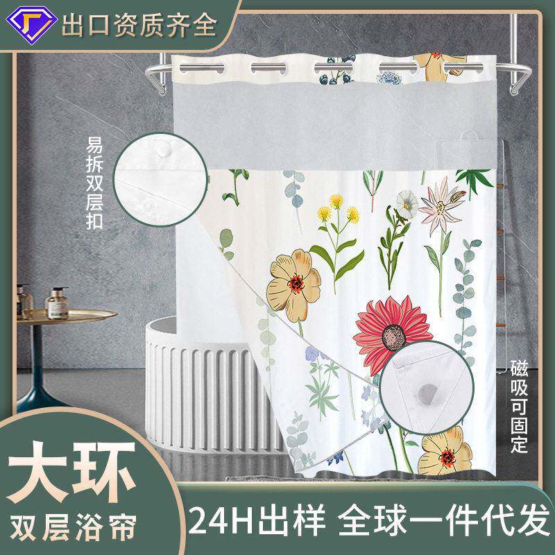 厂家浴室防水浴帘 春亚纺双层花朵数码印花浴室帘跨境来图可定制