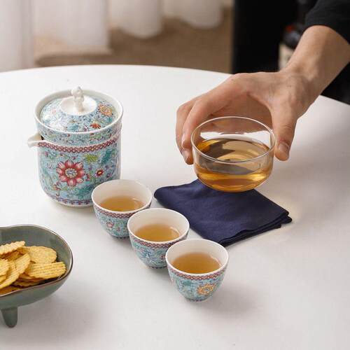 中式国潮风珐瑯彩旅行茶具一壶三杯套组送礼套装露营可携式泡茶具