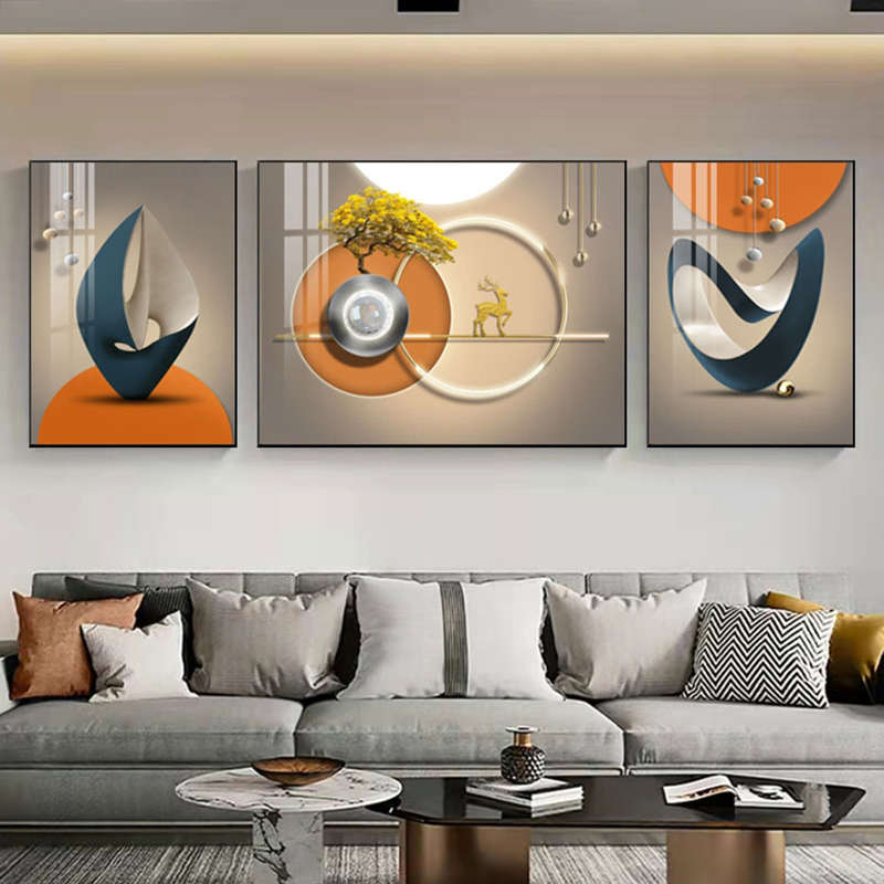 现代简约客厅装饰画沙发背景墙画壁画挂画晶瓷三联画立体几何镶钻图片
