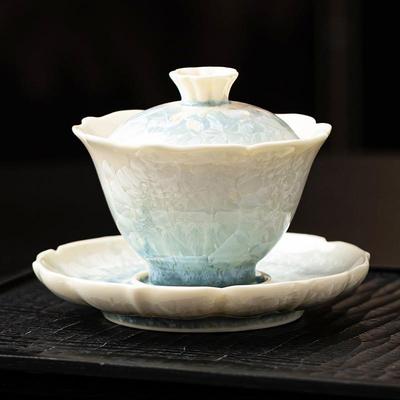 高档结晶釉盖碗茶杯湖绿葵口泡茶碗大号不烫手高颜值茶具防烫单个