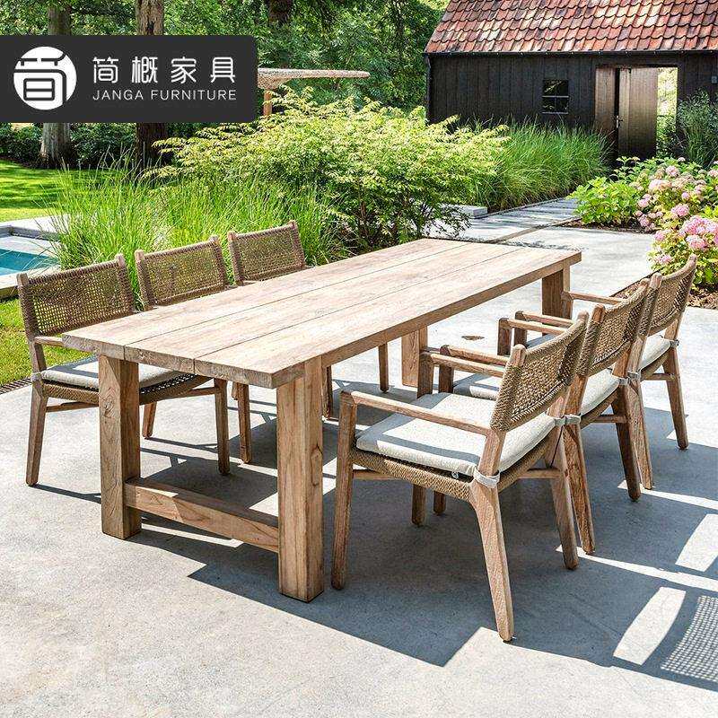 端户外实木餐椅别墅花园庭院长桌防水防晒休闲民宿绳织桌椅组合