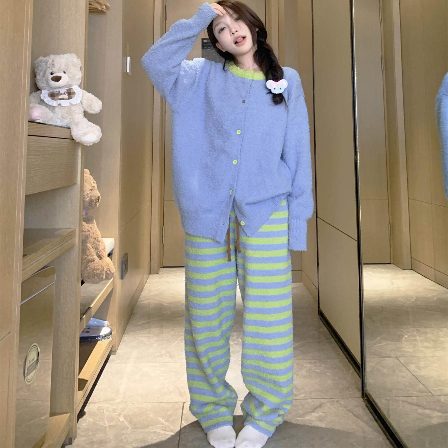 简约条纹拼色半边绒睡衣女冬季2025新款加厚毛绒家居服套装秋冬款