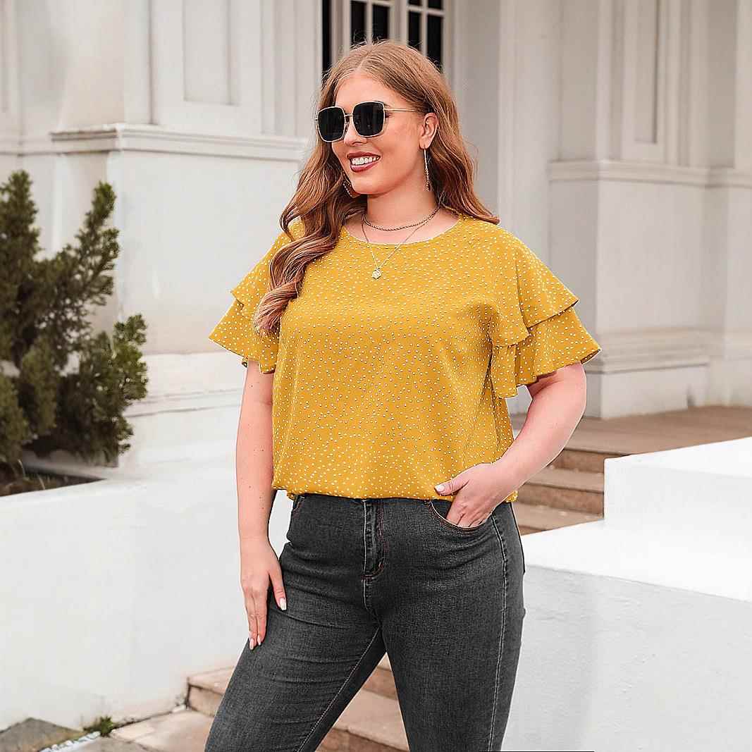 Polka commuter dot top size loose round T-shirt sleeve plus