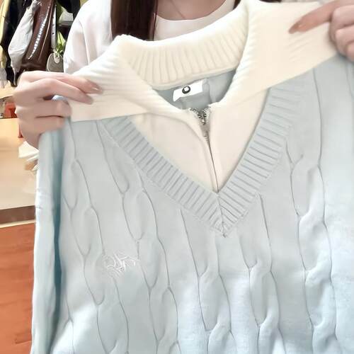 上衣韩系蓝色假两件翻领花毛衣女秋冬宽松慵懒风高级感外穿1004d