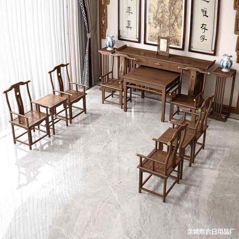 新中式中堂六件实农村473供桌八仙桌堂屋佛台条套案榆老木木案台