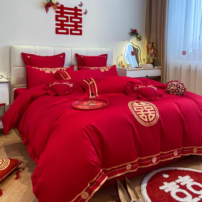 结婚床上用品四件套婚庆纯棉100全棉床单被套大红色新婚嫁房4龙凤