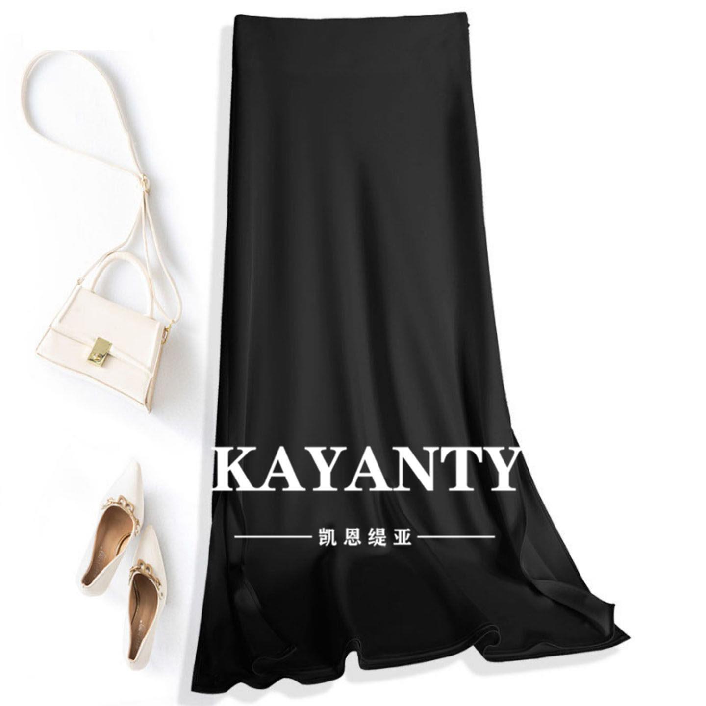 KAYANTY黑色双缎面半身裙女2026春新款A字裙双侧开衩好看女裙显瘦
