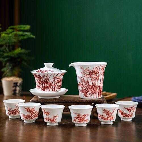 竹报平安功夫茶具国家级大师刘培竹手绘陶瓷盖碗公道茶杯高档套装