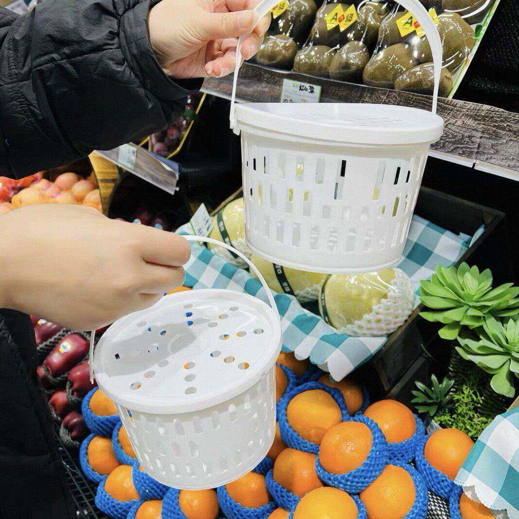 水果店塑料小圆篮樱桃蓝莓包装1斤2斤带盖手提收纳采摘小圆桶新料
