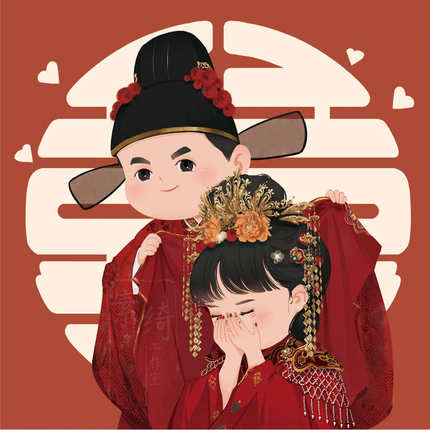 logo卡通定制q情侣请帖婚纱插画版设计头像手绘水彩请柬婚礼写实
