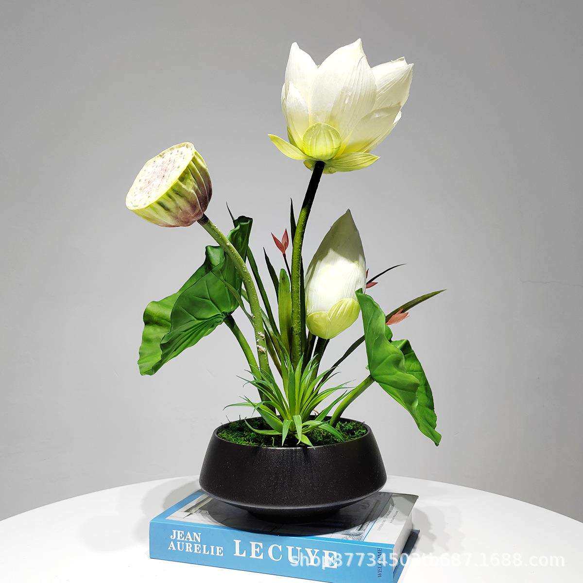 新中式荷花摆件仿真花假莲花玄关酒店样板房茶几电视柜盆景装饰品