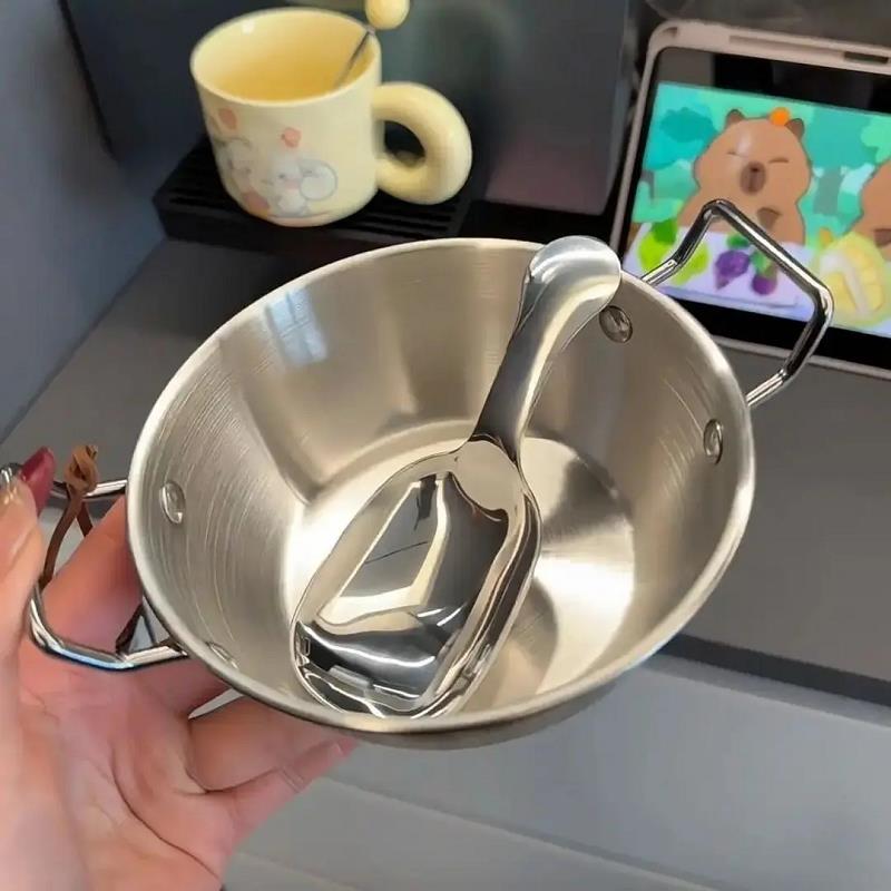 304不锈钢碗超萌可爱双耳碗喝汤嗦粉勺子精致网红早餐麦片米酒碗