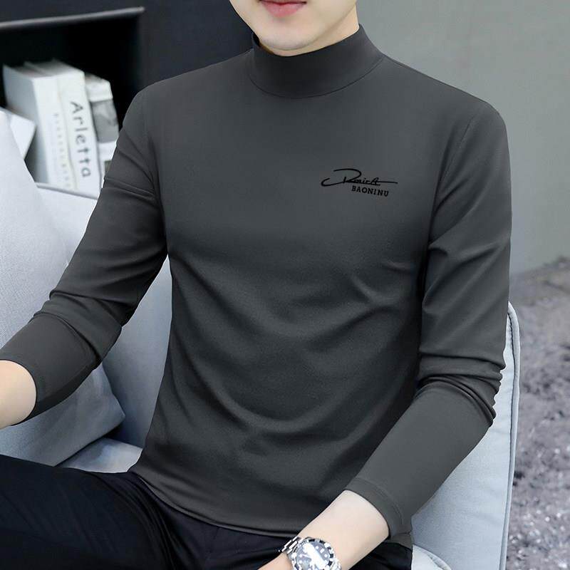 莫代尔半高领长袖T恤男士春秋纯棉薄款打底衫上衣服内搭中领秋衣