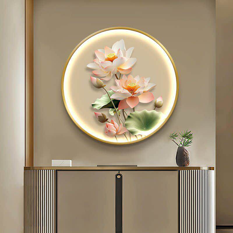 荷花九鱼图led玄关装饰画新中式圆形发光挂画轻奢走廊过道壁灯画