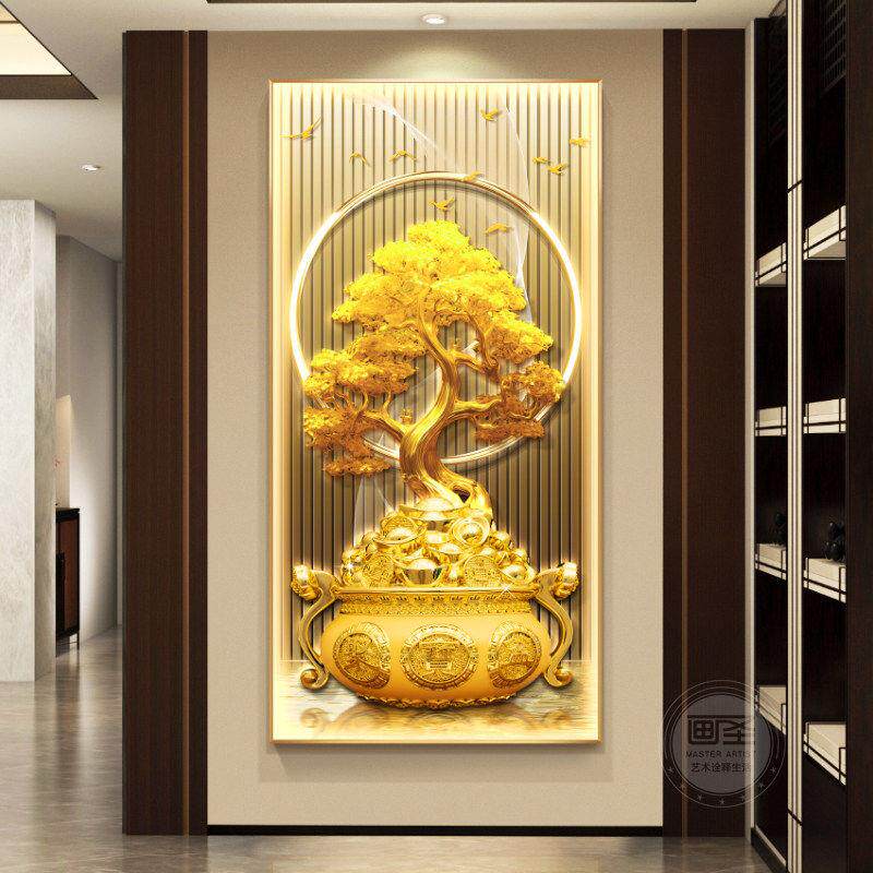 现代轻奢聚宝盆玄关装饰画入户正对墙挂画招财树寓意好新中式壁画