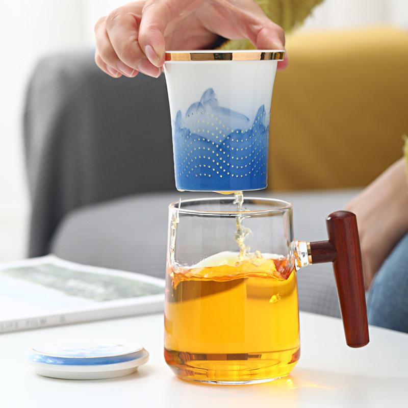 又见手绘陶瓷内胆玻璃泡茶杯茶水分离过滤花茶杯喝茶杯子手绘山水
