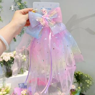 超仙白色头纱儿童发夹女2024新款蕾丝蝴蝶结女童头饰公主发饰发卡