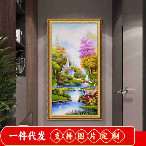 欧式5d钻石画满钻玄关竖版贴钻十字绣流水生财风景走廊过道砖石画