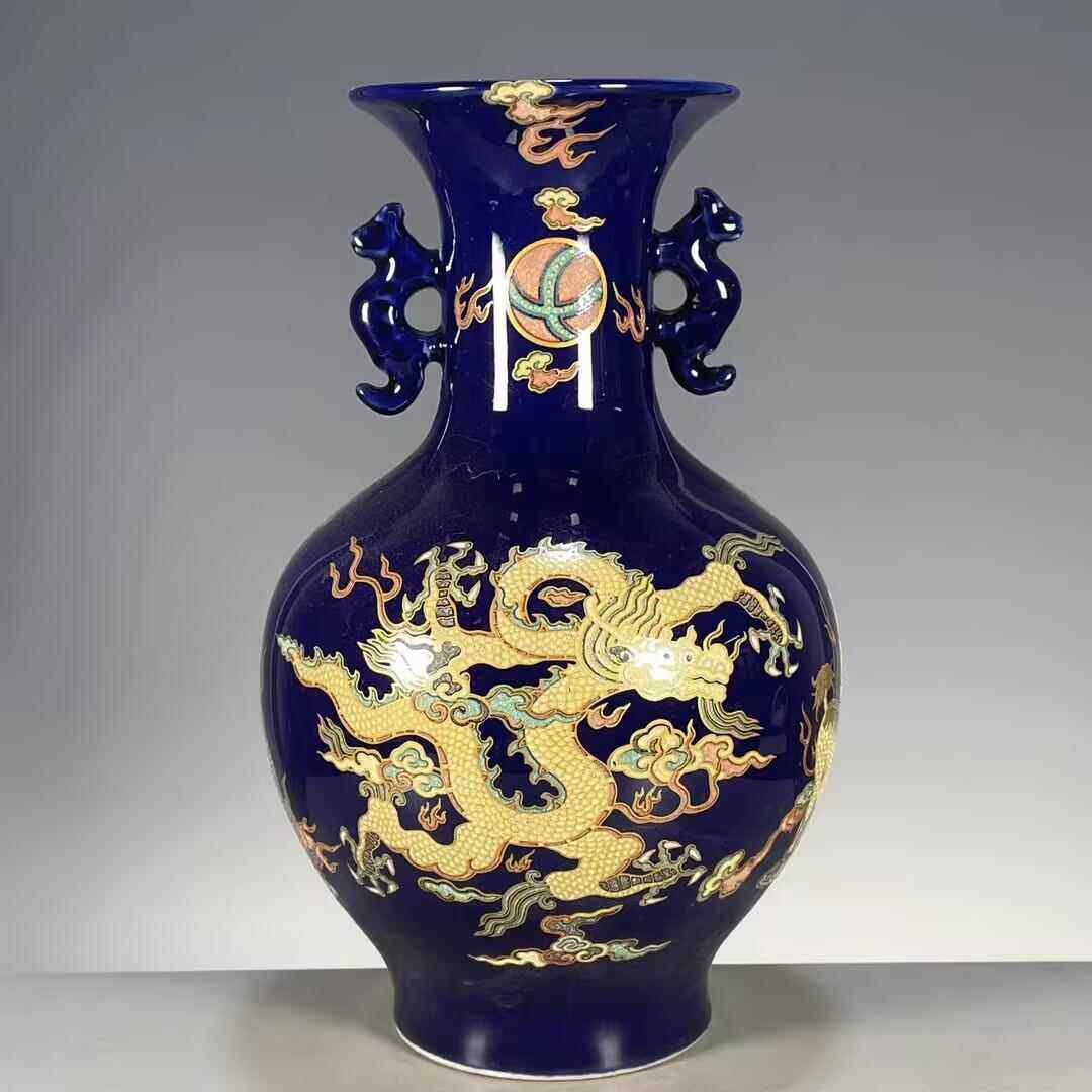 元代霁蓝釉彩绘五彩龙纹象耳瓶一对内府官窑仿古瓷器古玩收藏摆件