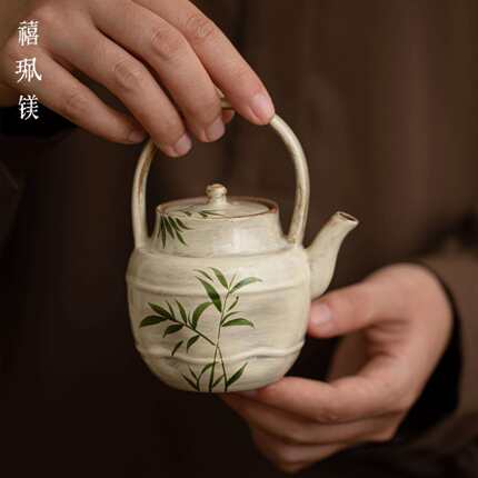 禧珮镁日式粉引手绘翠竹手捏提梁壶茶艺文人器诧寂风泡茶壶单壶
