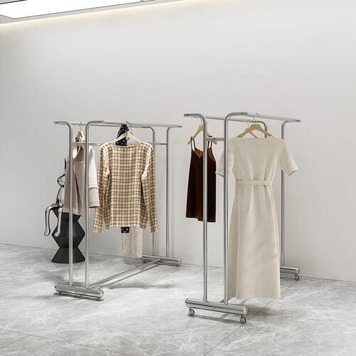 服装店不锈钢展示架双杆双排中岛挂衣架简约男女装陈列货架带轮