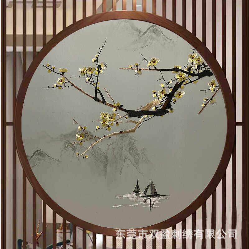 苏绣双面机器刺绣半透明纱布画屏风入户玄关隔断商场展厅屏风挂画