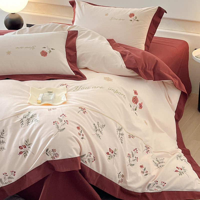 A类母婴级秋冬加厚纯棉磨毛四件套刺绣花卉被套轻奢全棉床上用品