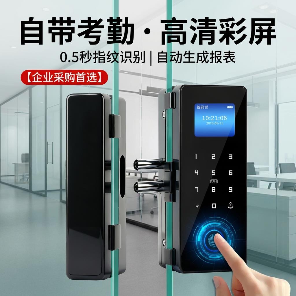 玻璃门密码锁免钻孔店面商铺无框双门单开办公室智能电子指纹门锁