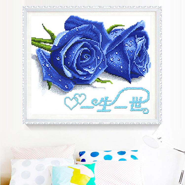 5d钻石画满钻十字绣钻石绣卧室结婚喜庆蓝色玫瑰花卉点贴钻砖石画