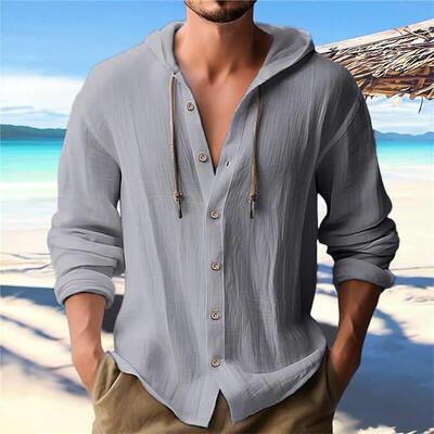 Men's hooded T-shirt cotton linen men's long sleeved top