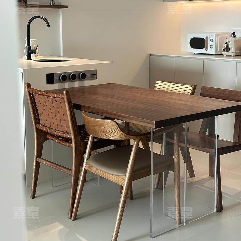 亚克力黑胡桃木实木悬浮餐桌家用书桌茶桌一体小户型长方形饭桌子,住宅家具,实木餐桌,淘宝优惠券,粉丝福利购,淘宝优惠卷