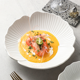 陶瓷纯色高级感汤碗浅碗深盘花型水果碗沙拉碗菜盘子西餐白色餐具