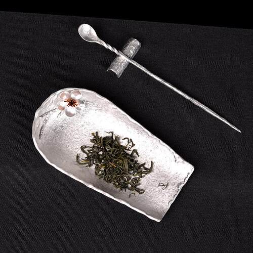 纯锡茶则三件套手工茶匙锤目纹茶荷茶勺茶拨茶配件家用办公