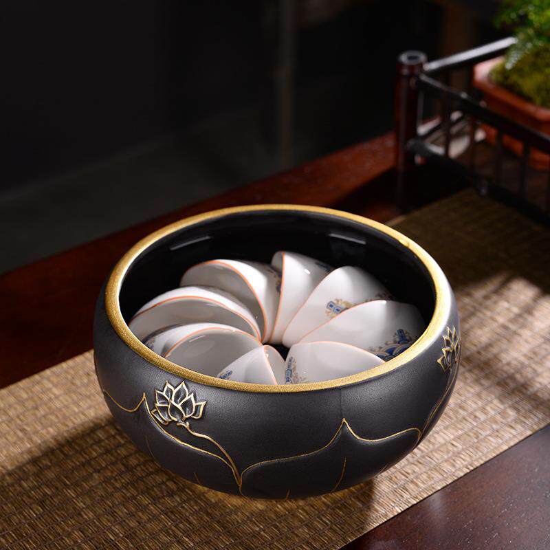 手工手绘黑陶茶洗家用茶缸笔洗粗陶瓷水盂水洗洗杯茶碗茶道配件
