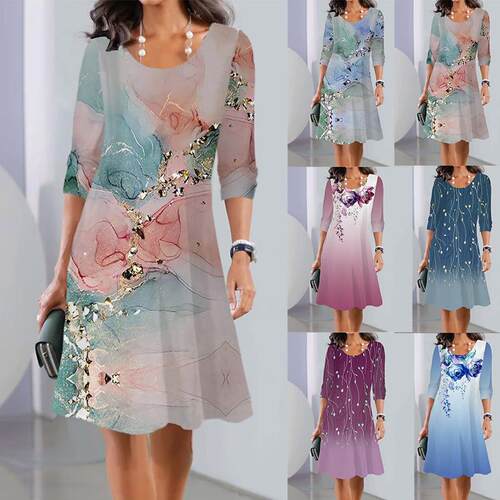 Printed long sleeved medium length dress