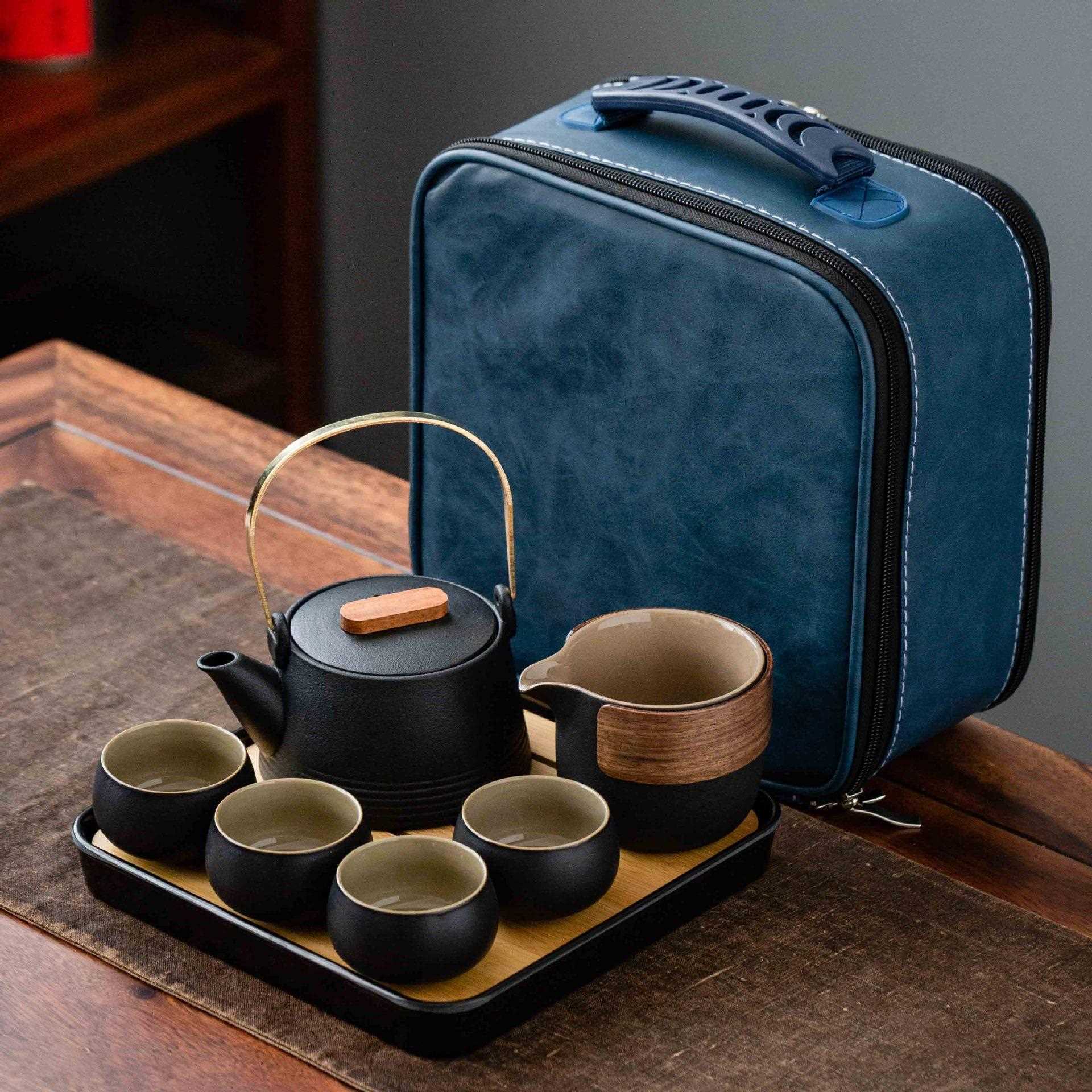 酒店日式黑陶茶具提梁茶壶干泡茶盘便携包家用办公旅行茶具小套装