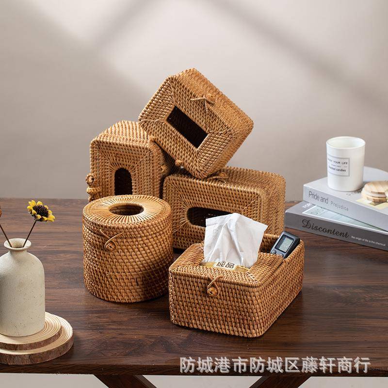 越南秋藤编纸巾盒餐厅家用抽纸盒收纳盒编织纸巾筒田园民宿餐纸盒