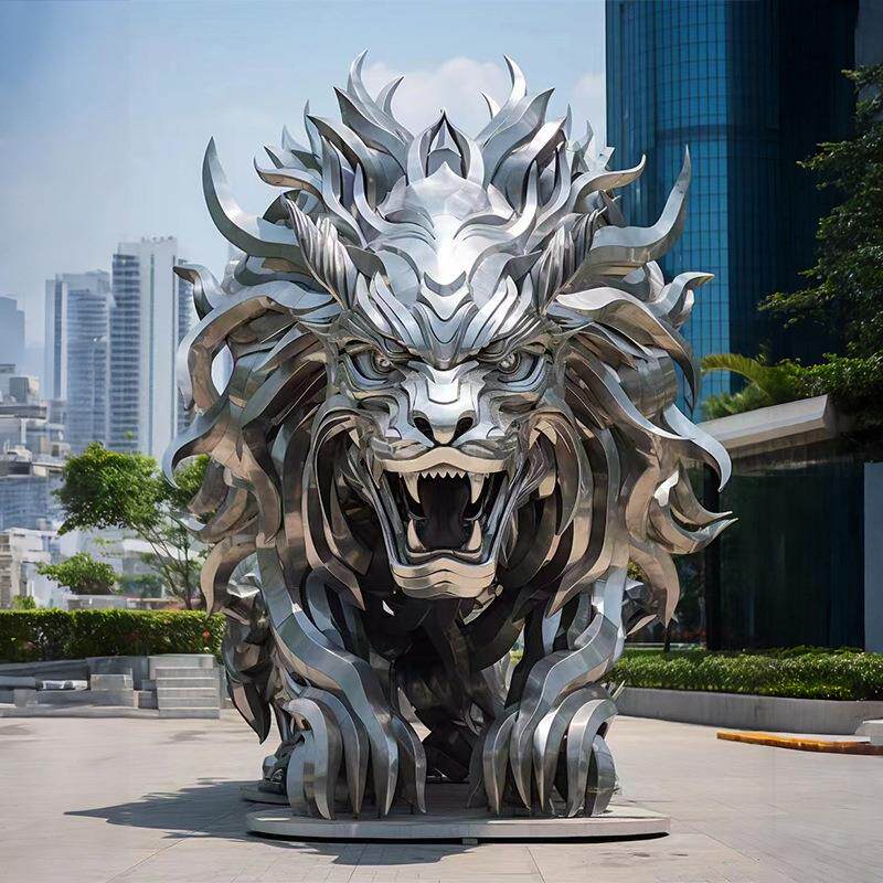 大型不锈钢动物雕塑户外雄狮景观金属圆环镂空镜面发光不锈钢雕塑