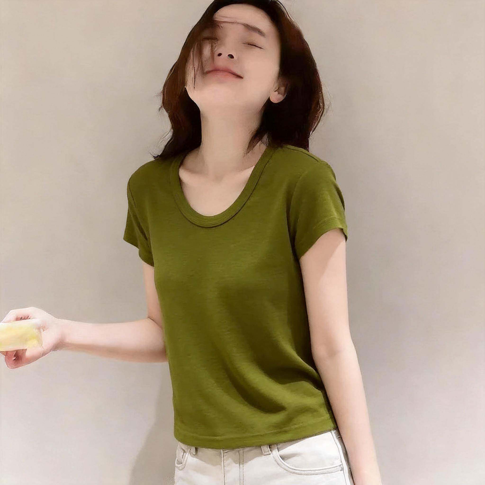 韩版纯色天丝U领短袖t恤女夏季新款小个子莫代尔修身正肩短款上衣