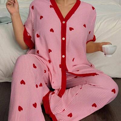Women Pajama Sleepwear Set Heart Pattern V Neck Button