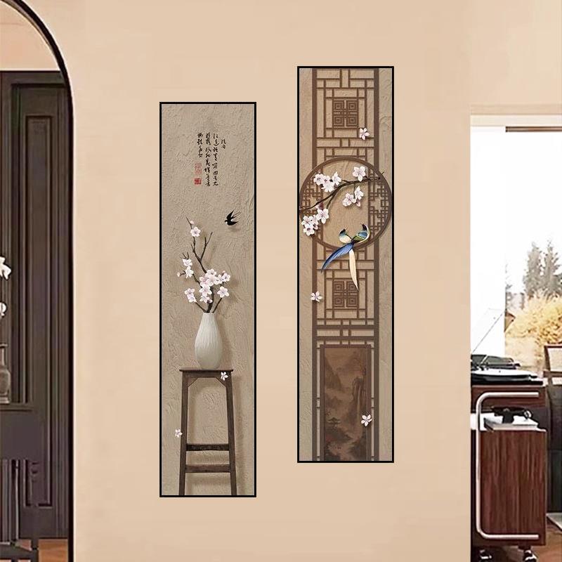 花鸟客厅玄关装饰画新中式禅意竖款双联书房茶室壁画走廊过道挂画