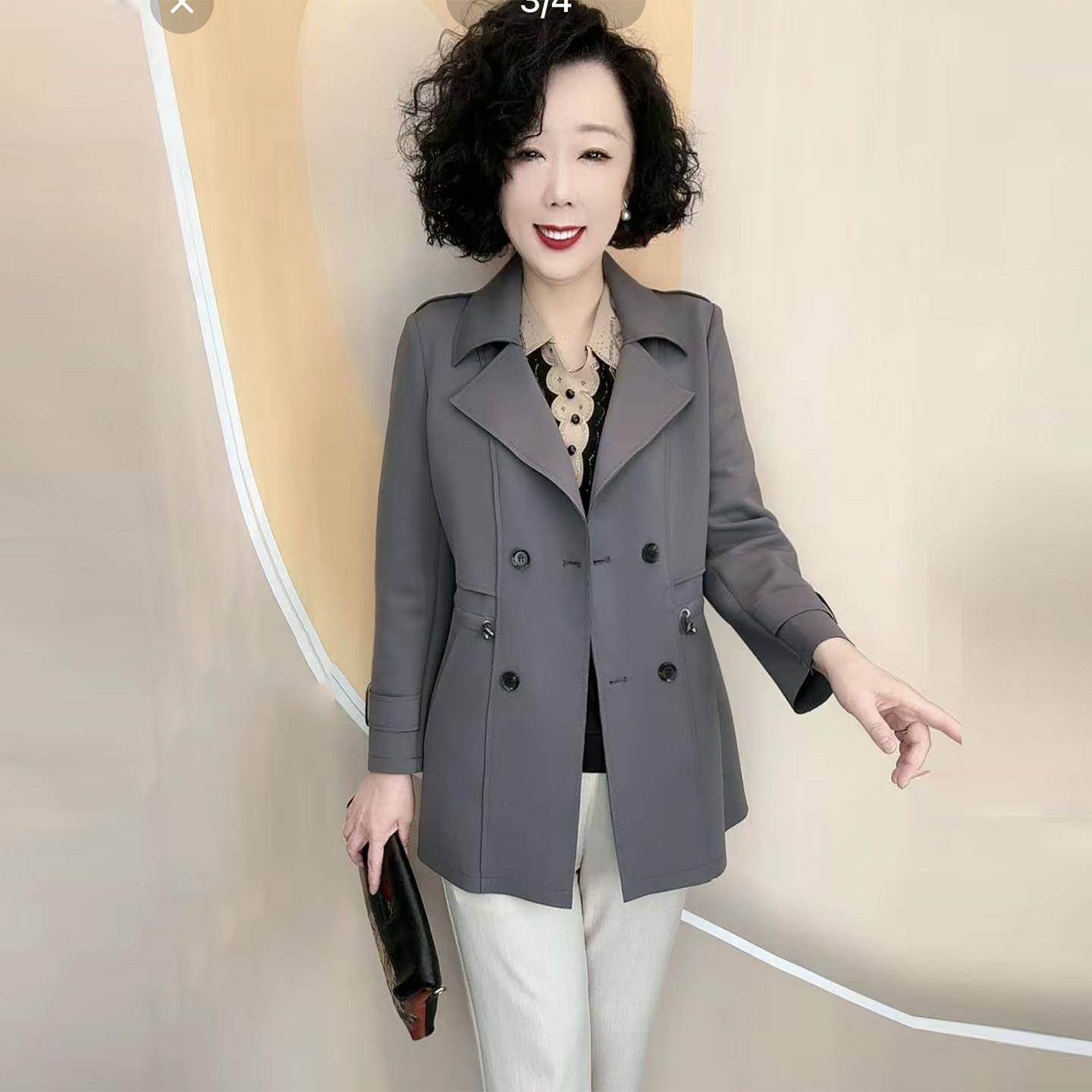 新品洋气妈妈秋季新款风衣高品质西服领双排扣中长款抽绳显瘦大码