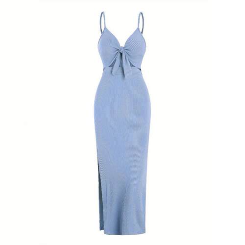 Women's Plain Cut Out Knot Front Split Thigh Bodycon Dress