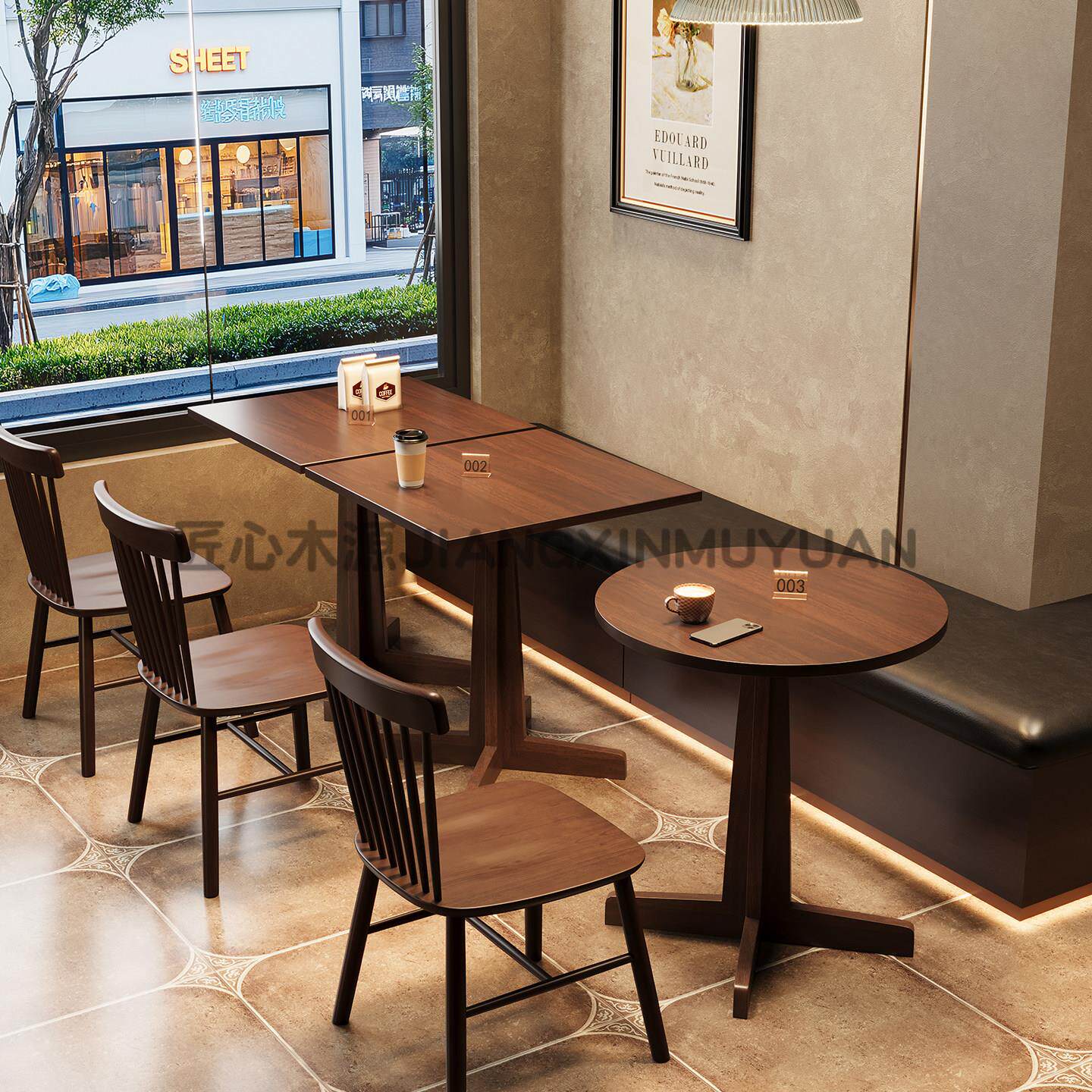 复古实木桌椅中古西餐厅餐桌椅组合餐吧餐饮饭店方桌商用咖啡厅桌